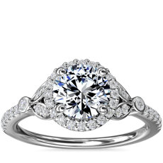 14k 白金小巧密釘葉片光環鑽石訂婚戒指（1/4 克拉總重量）
